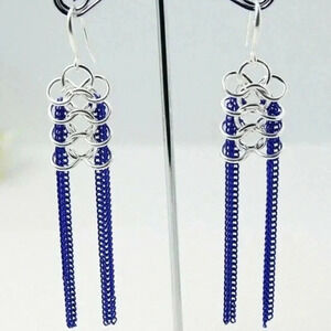 Long Shoulder Duster Metal Chain Earrings Silver Cobalt Blue